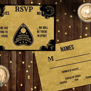 Ouija Board Wedding RSVP Enclosure Card Template with planchette detail, perfect for Fall, Halloween, gothic, vintage or witchy weddings. Front and back shown. Customize wording, fonts and more. Gold and black, other colors available.