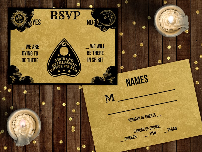Ouija Board Wedding RSVP Enclosure Card Template with planchette detail, perfect for Fall, Halloween, gothic, vintage or witchy weddings. Front and back shown. Customize wording, fonts and more. Gold and black, other colors available.