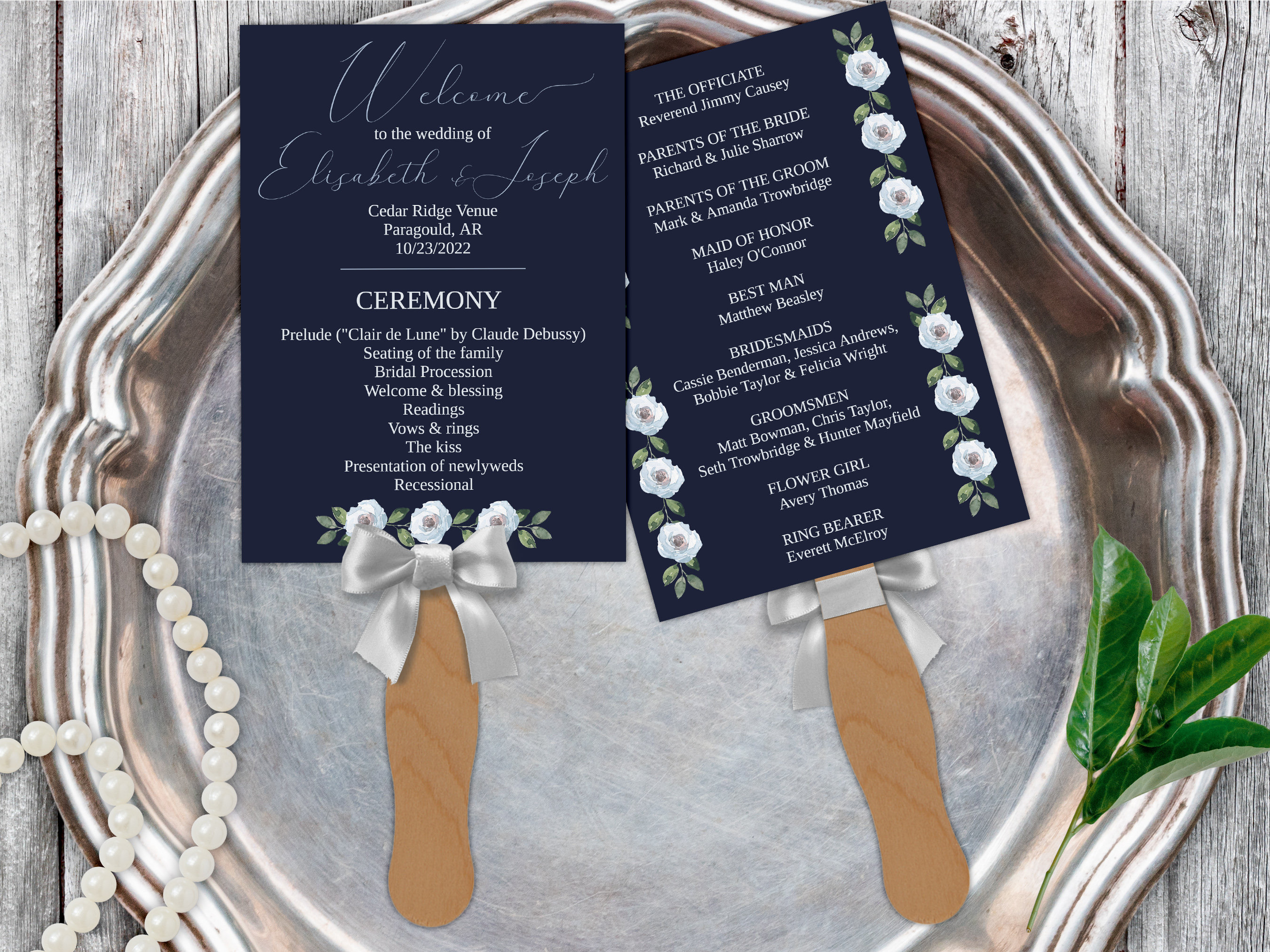 Modern Wedding Program Fan, Printable Navy Program Fan, Classic ...