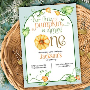 Editable Pumpkin First Birthday Invitation Little Pumpkin is One Invite Fall 1st Birthday Autumn Boy Birthday Instant Download Template LP1