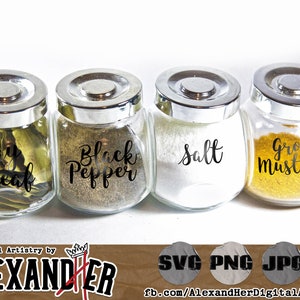 May include: Four glass jars with silver lids and black labels. The labels read "Bay Leaf", "Black Pepper", "Salt", and "Ground Mustard".