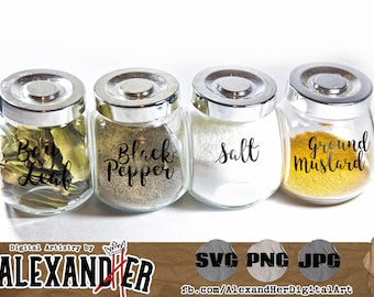 May include: Four glass jars with silver lids and black labels. The labels read "Bay Leaf", "Black Pepper", "Salt", and "Ground Mustard".