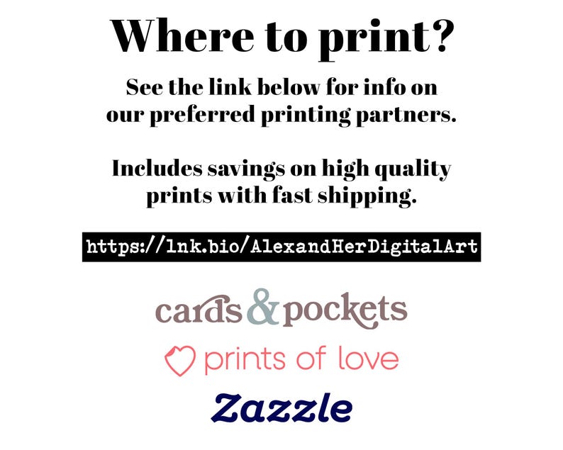 Pu&ograve; includere: Sfondo bianco con testo nero che recita "Dove stampare?" e "Vedi il link qui sotto per informazioni sui nostri partner di stampa preferiti". Include un URL e i loghi di "cards & pockets", "prints of love" e "Zazzle".