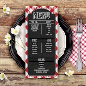 May include: A rustic menu card with a black chalkboard design, featuring a red and white checkered border. The menu lists starters, entrees, sides, drinks, and desserts. A fork and napkin are on the right, with flowers and plates.