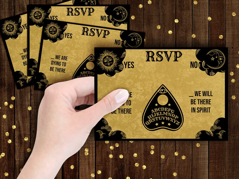Ouija Board Wedding RSVP Enclosure Card Template with planchette detail, perfect for Fall, Halloween, gothic, vintage or witchy weddings. Customize wording, fonts and more. Gold and black, other colors available.