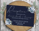 Printable Wedding Reception Card, Floral Invitation Template, Editable Engagement Announcement, DIY Blue Wedding Suite, Instant Download, E1