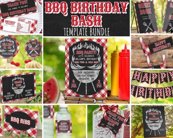 Può includere: Un set di decorazioni per feste stampabili per un barbecue di compleanno. Le decorazioni presentano un motivo a quadri rosso e bianco, testo in stile lavagna e immagini di attrezzature per grigliare. Il testo include "BBQ Birthday Bash", "Let's Celebrate", "Good Food & Cold Beer", "Happy Birthday" e "BBQ Ribs".