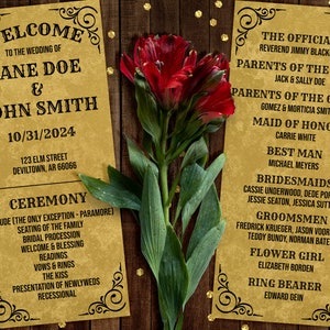 May include: A wedding ceremony program card with a gold background and black text. The card lists the names of the bride and groom, Jane Doe and John Smith, the date of the wedding, 10/31/2024, and the location, 123 Elm Street, Deviltown, AR 66066. The card also includes a list of the wedding ceremony events, such as the prelude, seating of the family, bridal procession, welcome and blessing, readings, vows and rings, the kiss, presentation of newlyweds, and recessional. The card also lists the names of the officiant, parents of the bride and groom, maid of honor, best man, bridesmaids, groomsmen, flower girl, and ring bearer.