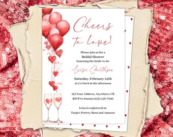 Cheers to Love Bridal Shower Invitation Printable Sweetheart Valentine's Day Watercolor Invite Template New Year's Party Instant Download L1