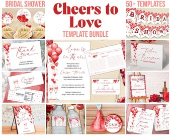 Cheers to Love Bridal Shower Decor Bundle, Printable Engagement Party Invitation Set, NYE Toast Custom Wedding Template Instant Download L1