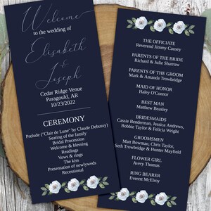 Modern Wedding Program, Printable Navy Flat Program Cards, Classic Floral Ceremony Program, Editable Order of Events, Instant Download, E1