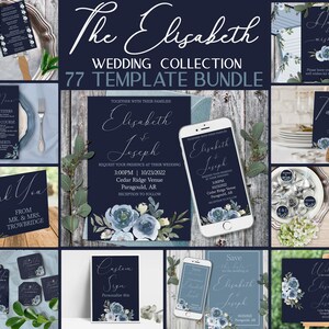 Pode incluir: Um pacote de modelos de convite de casamento com 77 modelos. Os modelos apresentam um fundo azul marinho com texto branco e ilustrações florais azuis. O texto inclui os nomes "Elisabeth & Joseph" e a data do casamento "10/23/2022".