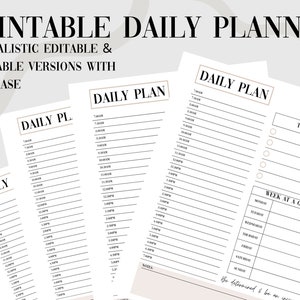 May include: Printable daily planner with a minimalist design. The planner includes a daily schedule, a weekly overview, and a section for top to-dos. The planner is available in both editable and printable versions.
