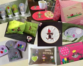 Embroidery design "Easter Bunnies" + Greetings + Mugrugs + Egg Warmers - Now available in Dst, Pes, Jef, XXX, Exp!
