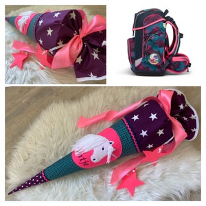 58E/ Cornet d'école licorne INCL nom inscription école cornet de sucre poney cheval en tissu cousu avec nom école
