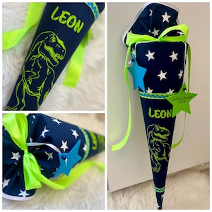 78 Dino / School cones, candy cones, school cones, first day of school, sewn from fabric with name, school printed on, washable