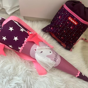 Cônes d'école INCL Nom cône de sucre poney cheval cône d'école fille cousu à partir de tissu cousu avec le nom de l'école