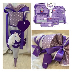 Cônes d'école licorne INCL nom cône de sucre poney cheval cône d'école fille cousu à partir de tissu cousu avec le nom de l'école