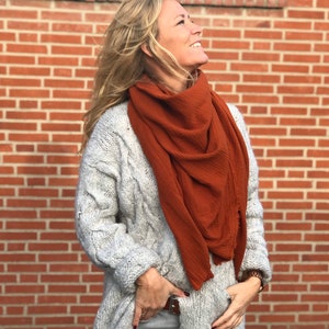 Cachecol de musselina XXL feminino, cachecol de ferrugem, cachecol triangular, acessórios de moda, cachecol de musselina de outono