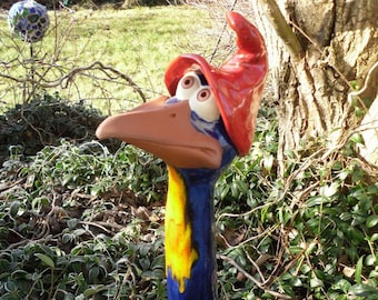 Heckenvogel XL aus Keramik blau, frostsicher, Unikat, (B)  rote Zipfelkappe, Gartendeko