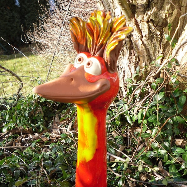 Oiseau de haie L en céramique rouge, résistant au gel, unique, (C) cheveux debout, décoration de jardin