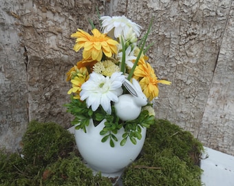 Decorazione da tavola ceramica uovo con fiori Pasqua Gerbera giacinto sedum coniglio (D)