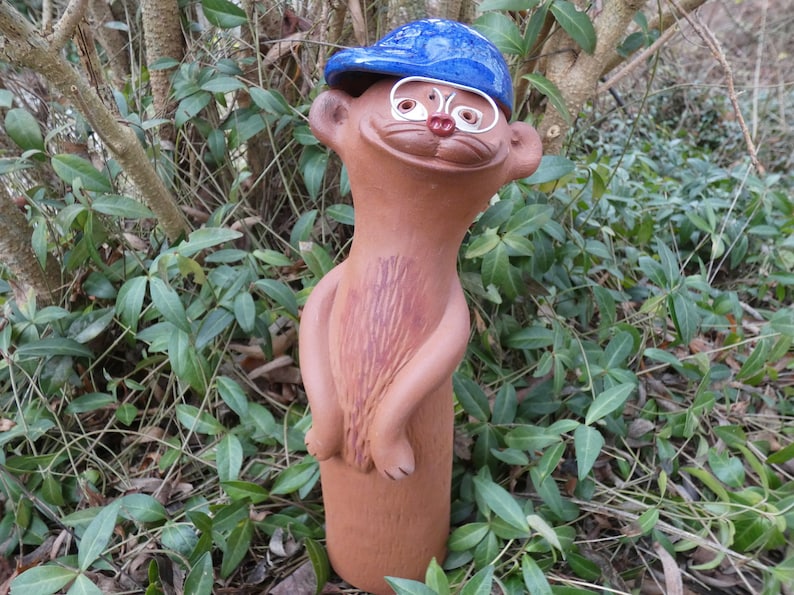 Ceramic meerkat, blue baseball cap and glasses, 30 cm, frost-proof unique garden decoration A image 1