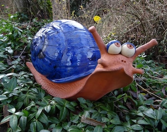 Snail Klaus Dieter made of ceramic, frost-proof unique, blue, garden decoration