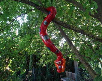 Tree snake snake made of ceramic, 52 cm, for hanging, frost-proof, unique, red