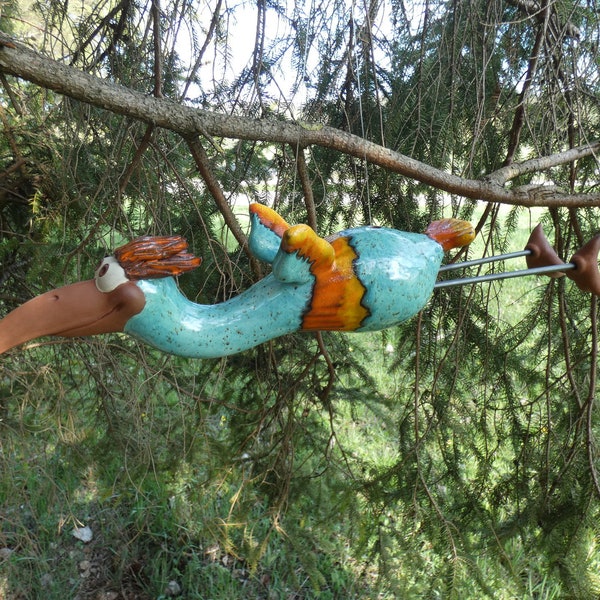 Fliegender Vogel türkis aus Keramik, frostsicher, Unikat, Gartendeko