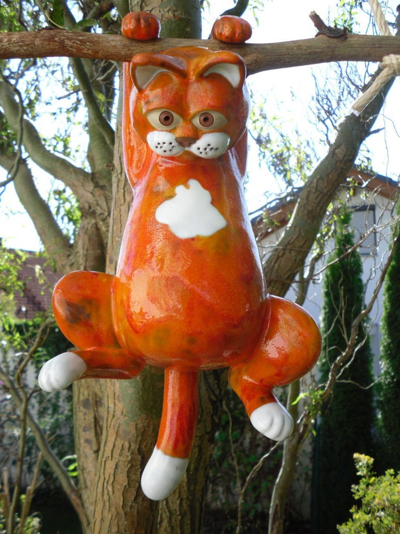 Cat ceramic orange red, hanging frost-proof, handmade image 1