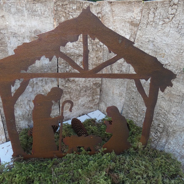 Krippe mit Maria, Josef und Jesuskind aus Metall, Gartendeko, 50 cm Weihnachten
