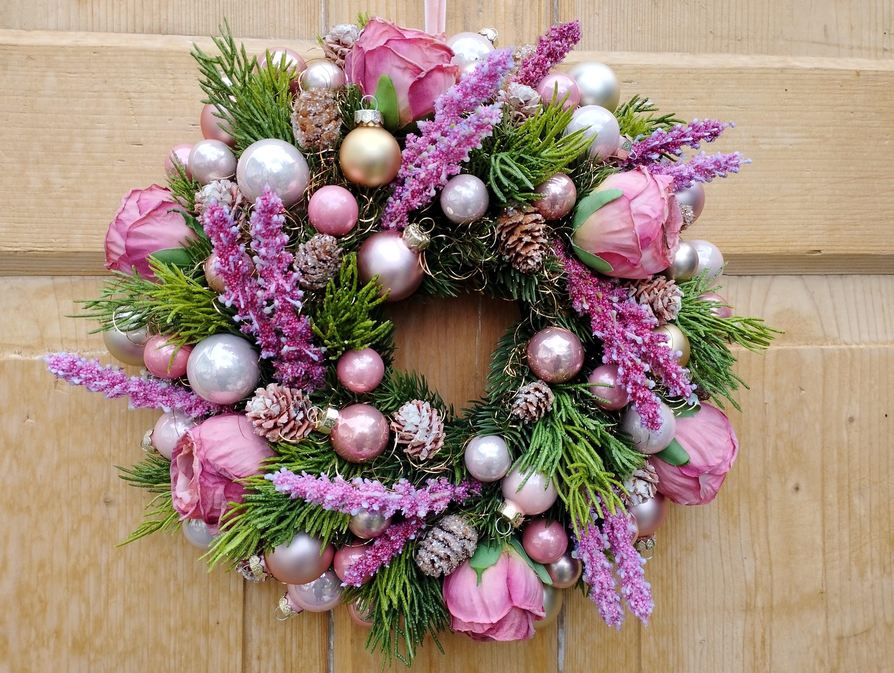 Türkranz Winter Ø 28cm, Glaskugeln, Rosen, hochwertige Dekoteile, Flieder, Rosa