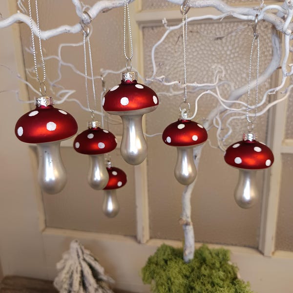 Decorative glass mushroom for hanging, Christmas tree ornament, fly agaric red and white, set of 6, 7 x 4.5 cm