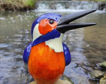 Ceramic kingfisher, beak open, frost-proof, unique, bird, garden decoration
