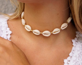 Collier de coquillages Cowrie, chocker et bracelet de coquillages, bijoux de coquillages avec perles de verre, bijoux d'été, bijoux boho réglables