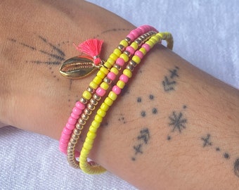 Shell bracelet, three rows Ibiza, glass beads Miyuki in pink, gold, neon yellow with tassel