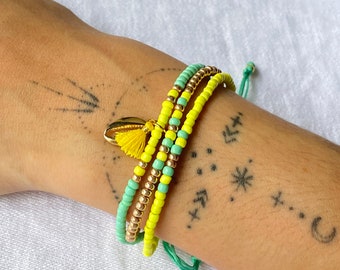 Shell bracelet, three rows Ibiza, glass beads Miyuki in turquoise, gold, neon yellow with tassel