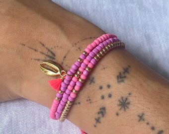 Shell bracelet, three rows Ibiza, glass beads Miyuki in purple, gold, pink with tassel