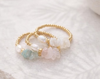 Ring Edelstein Damen - Amazonit, Mondstein oder Rosenquarz - Miyuki Perlen - Süßwasserperle - Ring gold elastisch - zarter Ring -