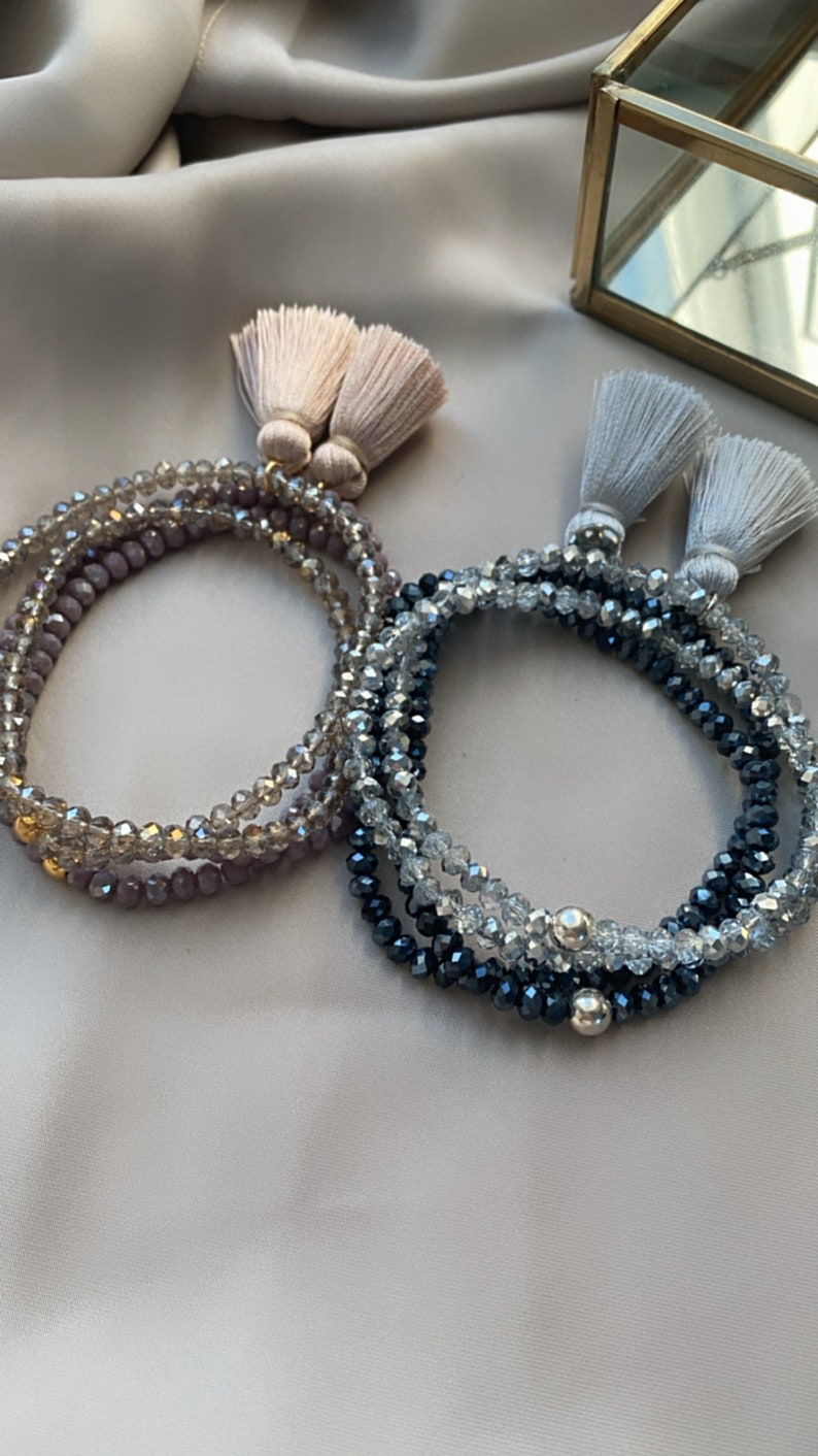 Bracelet double row Glass beads Tassel Stretch bracelet image 1