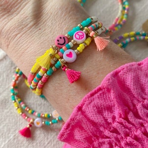 Armband im SET dreiteilig Rainbow mit Quaste Perlenarmband bunt Miyuki Armband mit Smiley, Herz, Peace personalisiert Motiv Armband Bild 8