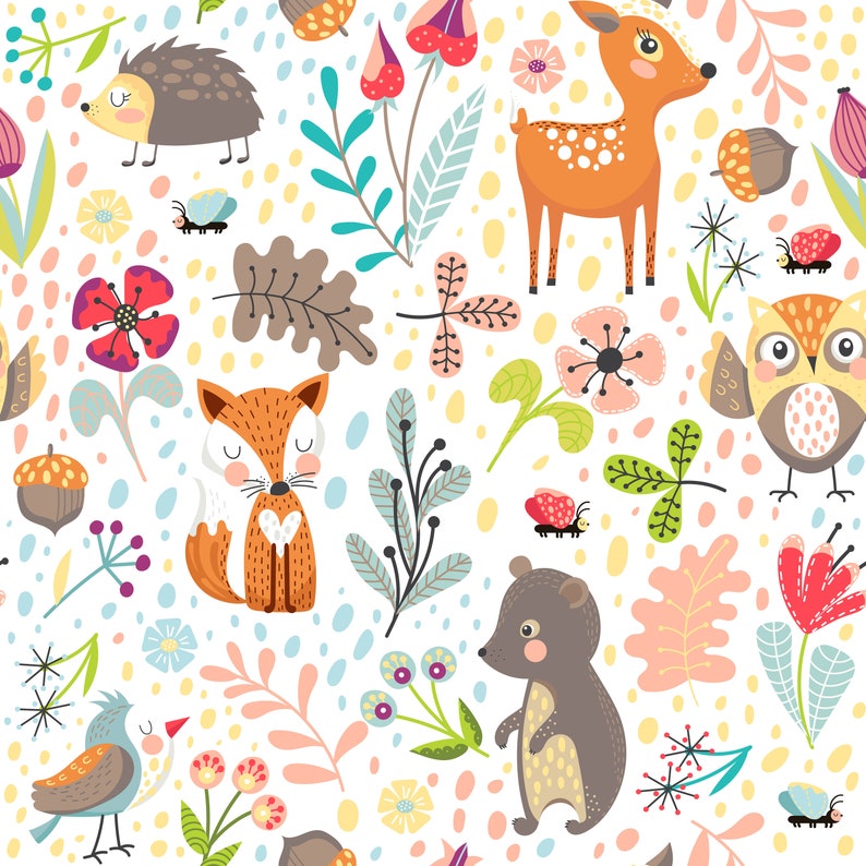 Forest light grey bear hedgehog 100/% cotton fabric printed width 160cm kids boys