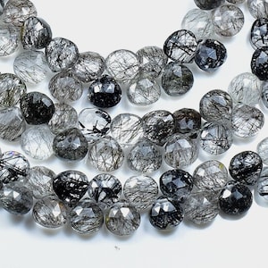 7mm Black Rutile Faceted Heart Shape Briolette Beads, Rutile Beads, Callibrated Beads, AAA Quality, 6&quot; Strand .LT-44D