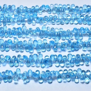 Swiss Blue Topaz Faceted Teardrop Briolette Beads, Fine Quality, Side Drilled, Wholesale Beads, 7 - 10mmLong, 6&quot;Strand ..LT-011