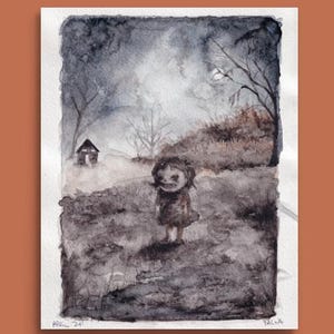 Impresión artística de acuarela espeluznante de 8" x 10", arte popular, impresión de brujas, paisaje abandonado espeluznante, arte de Halloween, decoración de pared