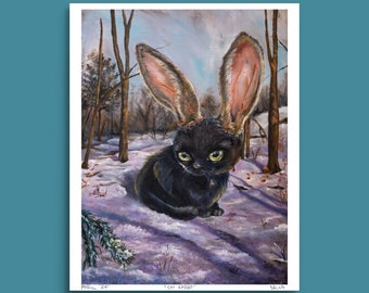 Forêt hantée chat lapin impression gothique et surréaliste sombre macabre esthétique murale décoration pastel art goth art effrayant mignon lunatique art, chambre de la sorcière