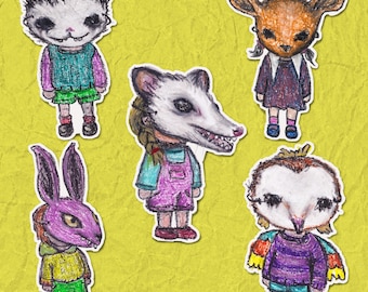 Creepy Cute Animal sticker series, Opossum Stickers, Pack 5 units, sticker set