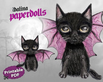 Muñeco de papel de murciélago y gato negro: Adorno articulado de Halloween (PDF imprimible)