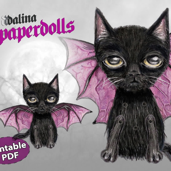 Bat Cat  - articulated paper doll printable puppet instant download halloween ornament deco black cat